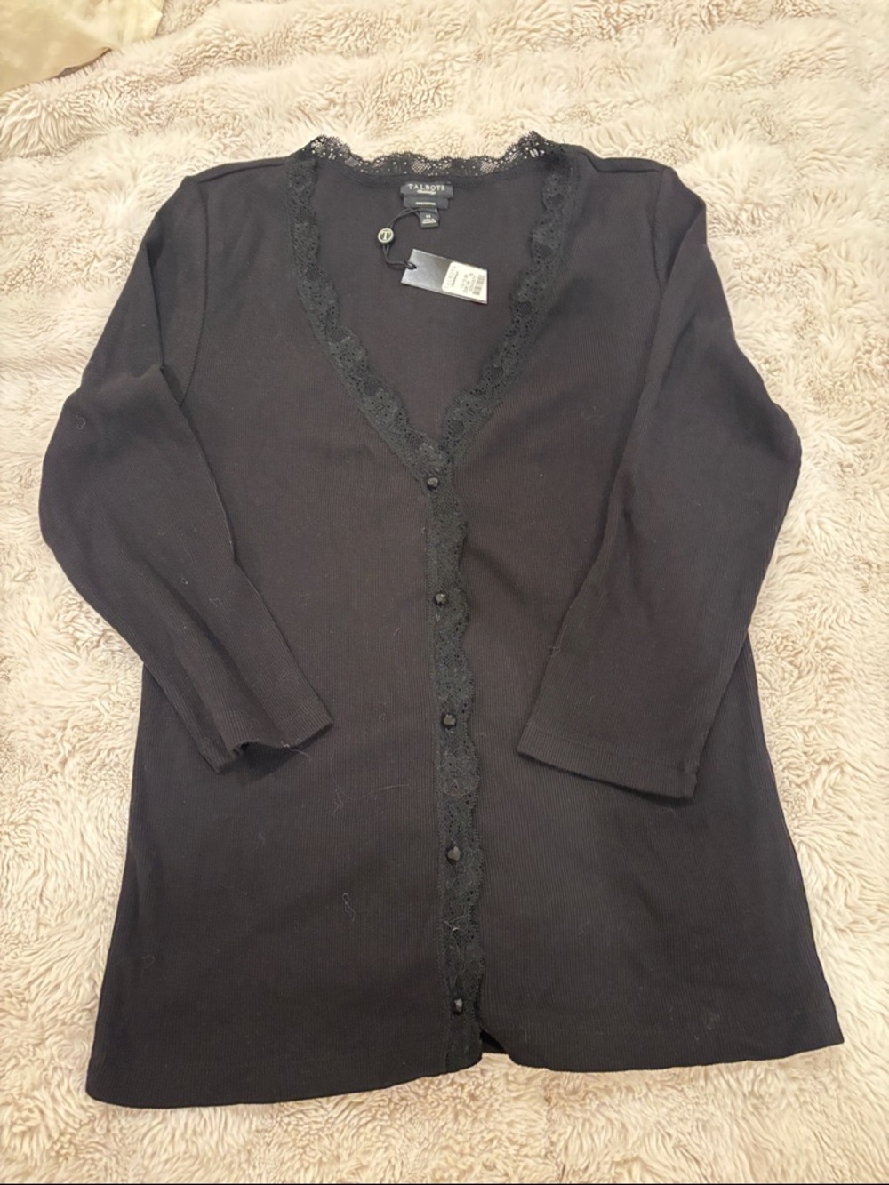 Talbots NWT Cotton Black Lace Trim Button Cardigan